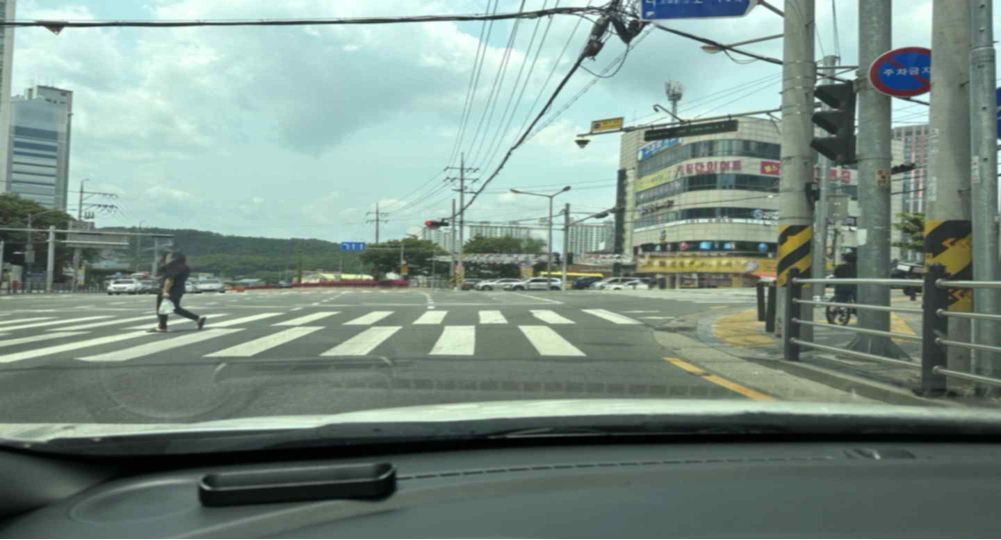 Intersection · Vehicle signal ahead is red · Pedestrians crossing on the crosswalk · Pedestrian signal is green