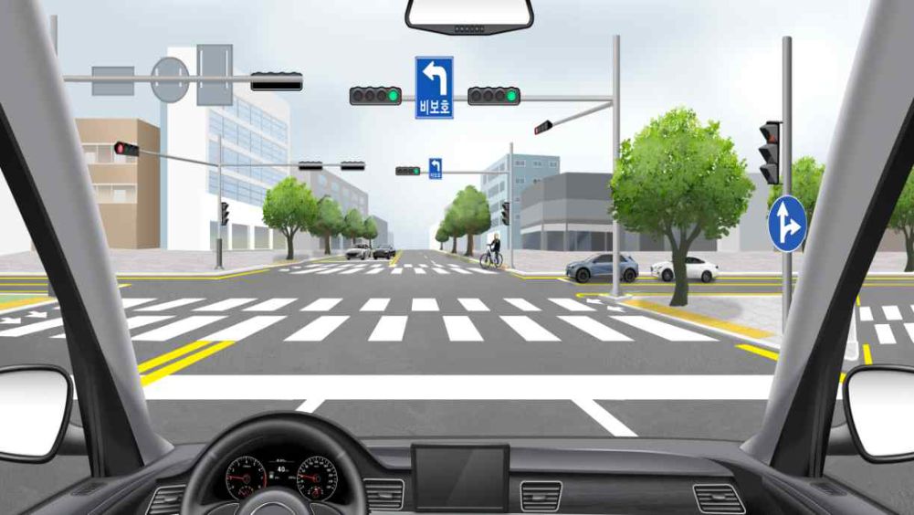 A cyclist has entered the roadway · Traffic light ahead is green · Travelling at 40 km/h