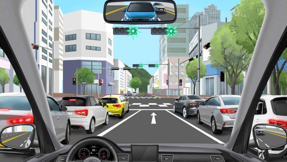 + shaped intersection · Lane 1 (left turn), lane 2 (straight), lane 3 (straight/right turn) · Driving in lane 2 · 4-light signal changes from red to green
