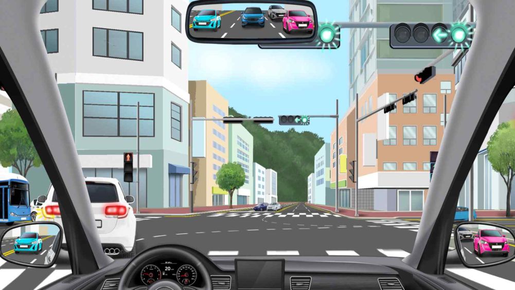 + shaped intersection · Lane 1 (left turn), lane 2 (straight), lane 3 (straight/right turn) · 4-light signal changes from red to simultaneous green and left-turn arrow · Starting off from lane 2