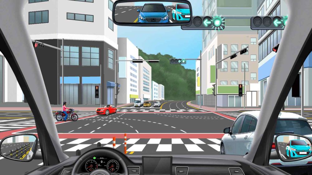 + shaped intersection · Lanes 1·2 (left turn), lane 3 (straight), lane 4 (straight/right turn) · Motorcycle waiting for the signal beyond the crosswalk on the road to the left · Waiting for the signal in lane 1 · 4-light signal changes from red to simultaneous straight and left-turn signal