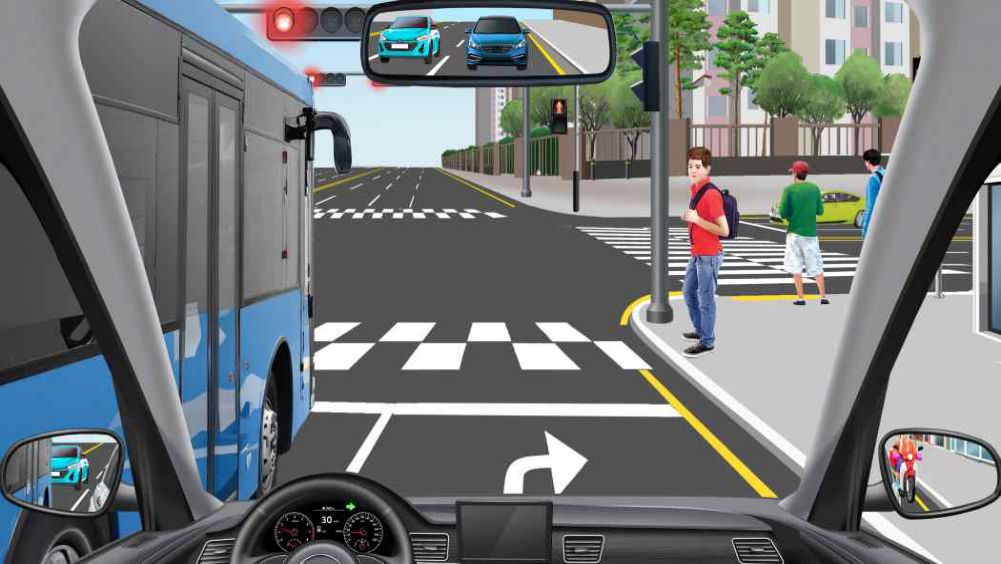 + intersection · Lane 1 (left turn), lanes 2·3 (straight), lane 4 (right turn) · 4-light signal on red · Driving in lane 4