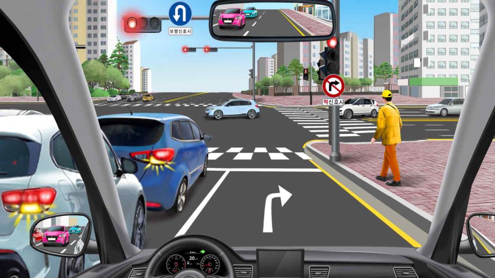+ shaped intersection · Lane 1 (U-turn), lanes 2·3 (straight), lanes 4·5 (right turn) · Right-turn three-color signal has changed to red · Driving in lane 5