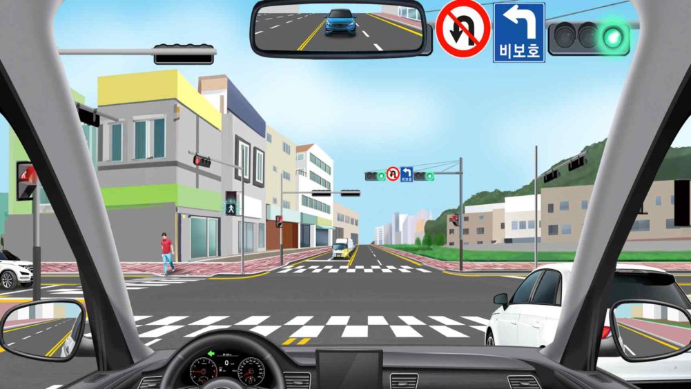+ shaped intersection · Lane 1 (left turn/straight), lane 2 (straight/right turn) · Waiting for the signal in lane 1 · 3-light signal changes to green