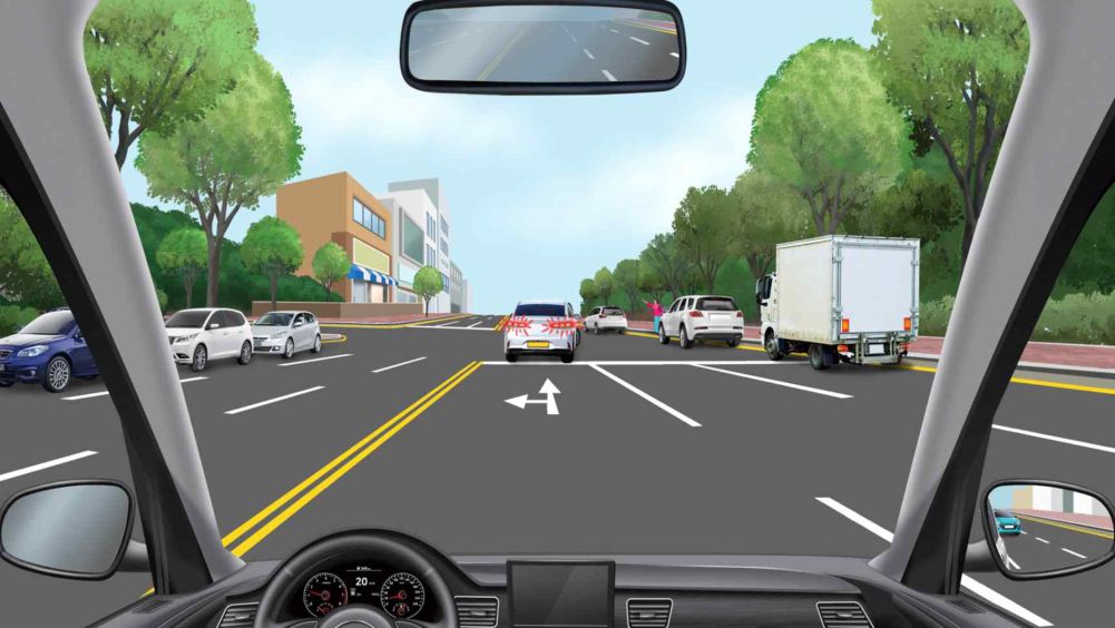 Intersection without traffic control · Cars parked on both sides · Passenger car approaching in the right rear-view mirror