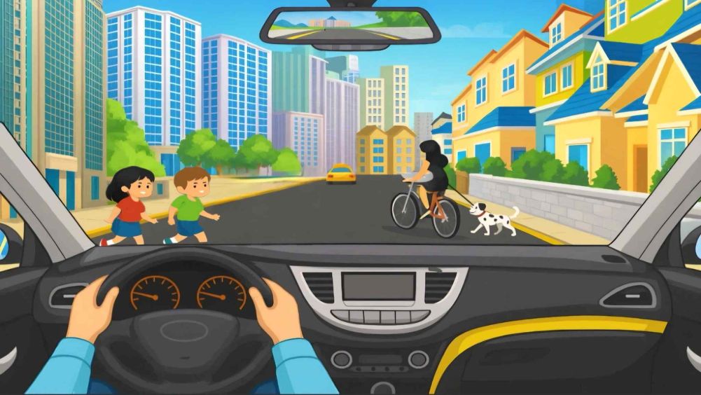 Children about to cross the road · Cyclist out walking a dog