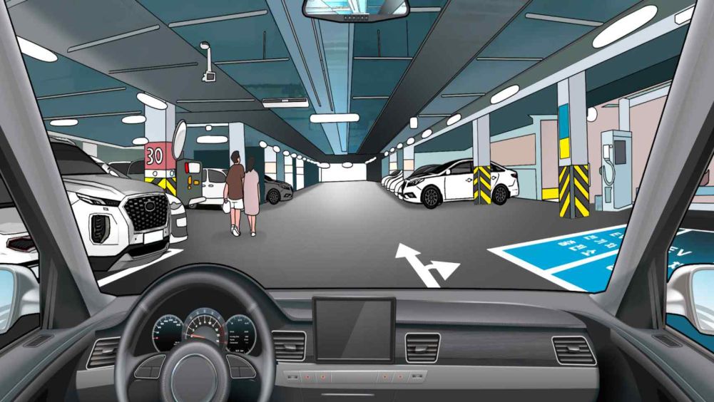 Underground parking garage · Pedestrian walking in the underground parking garage