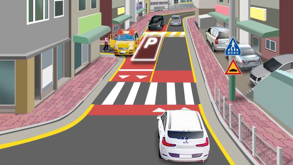 正在行驶的黑色、白色汽车 · 停着的儿童通学车