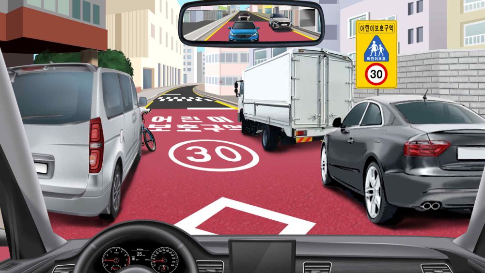 Road without a centre line · Cars illegally parked or stopped on both sides of the road