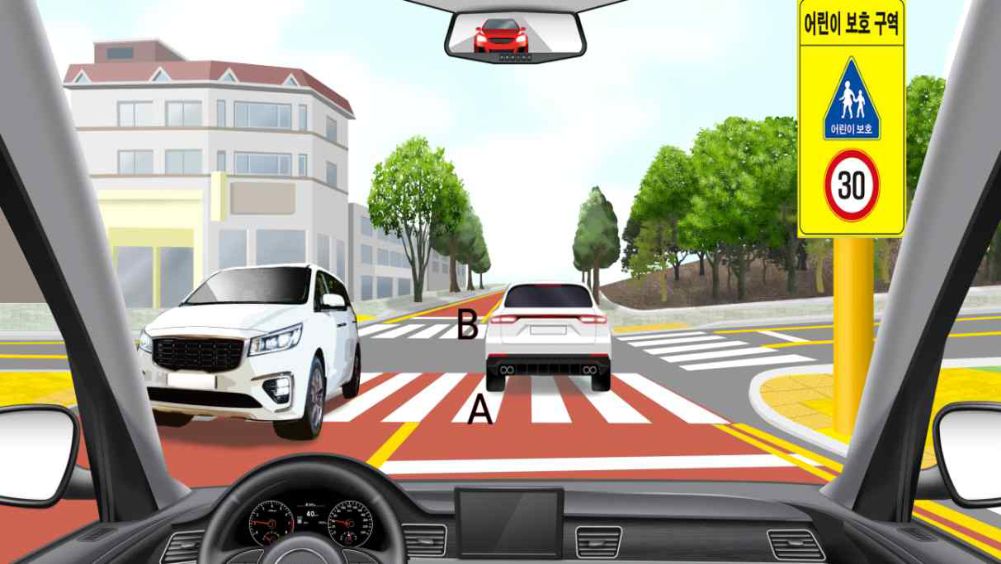 About to go straight through an intersection in a children's protection zone · Crosswalks without traffic lights and an intersection · A following vehicle in the rear-view mirror