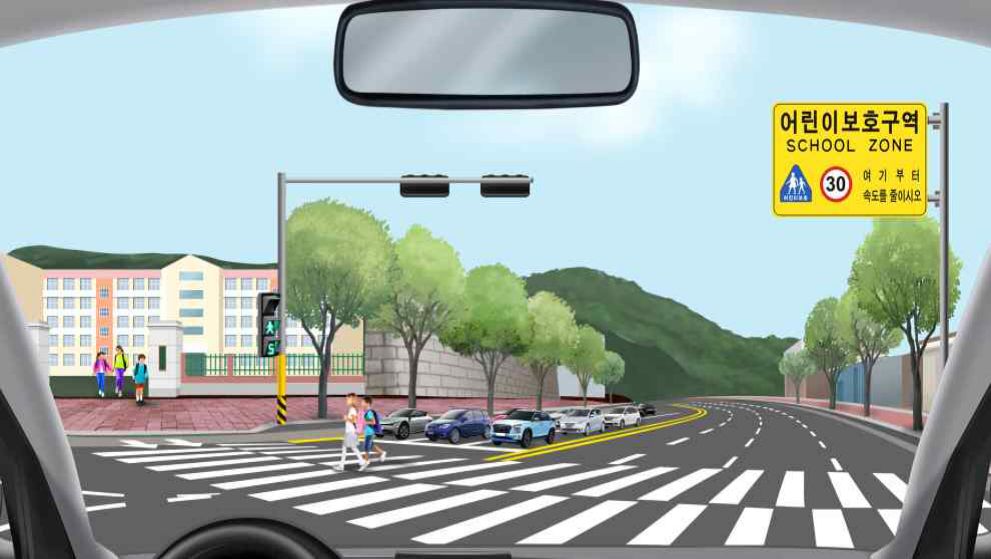 A crosswalk after a right turn · Crosswalk signal flashing green, 5 seconds left · Elementary school main gate to the right of the crosswalk
