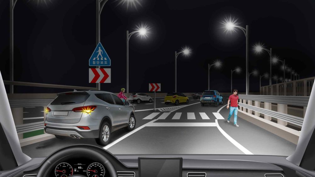 Before entering a crosswalk · A car stopped on the left with its hazard lights flashing