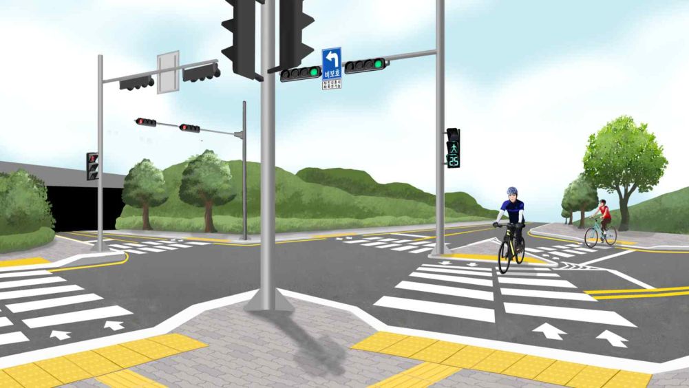 A cyclist waiting on the sidewalk · A cyclist looking at the road
