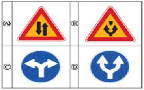 Which of these safety signs is the caution sign indicating traffic passing on both sides?