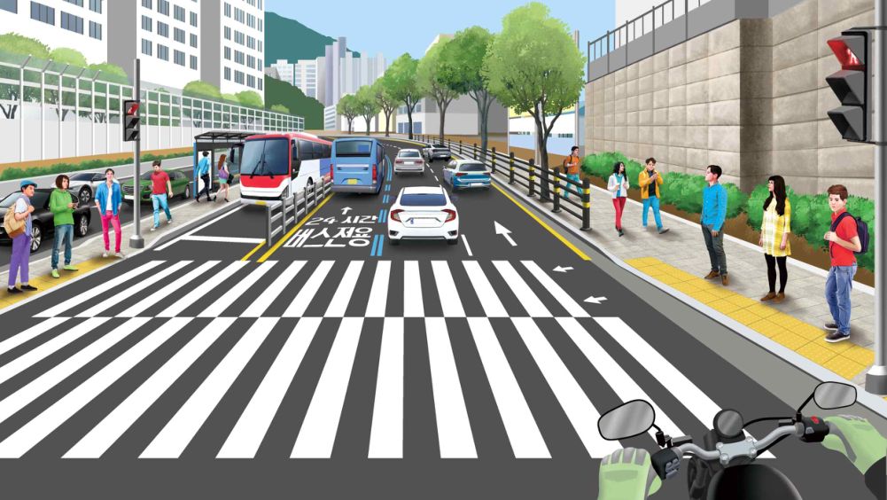 Pedestrians at the bus stop on the left · Pedestrians on the sidewalk on the right