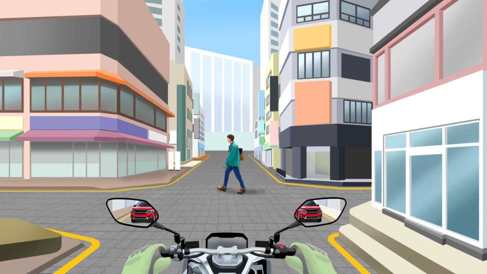 Back-street intersection without a center line · A following vehicle is visible in the motorcycle's mirror · A pedestrian is crossing the road ahead outside the crosswalk