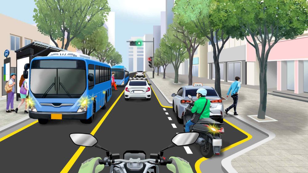Driving on a two-lane road (one lane each way) · A taxi and a motorcycle stopped ahead on the right