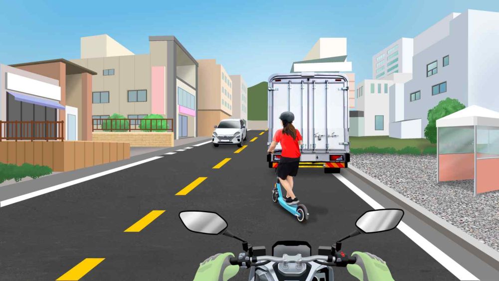 An electric kick scooter traveling ahead · A truck parked ahead · A vehicle approaching on the opposite side of the road