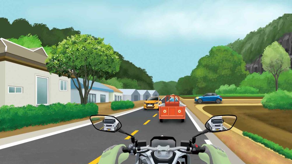 Oldinda motoblok ketmoqda · Oldinda o'ngdagi asfaltlanmagan yo'ldan ko'k avtomobil chapga burilmoqchi · Qarama-qarshi yo'lda sariq avtomobil ketmoqda · Orqada yuk avtomobili bor