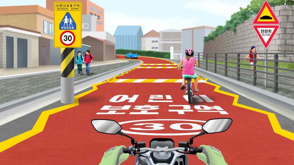 A single road in the children's protection zone near an elementary school · A child riding a bicycle ahead along the right edge