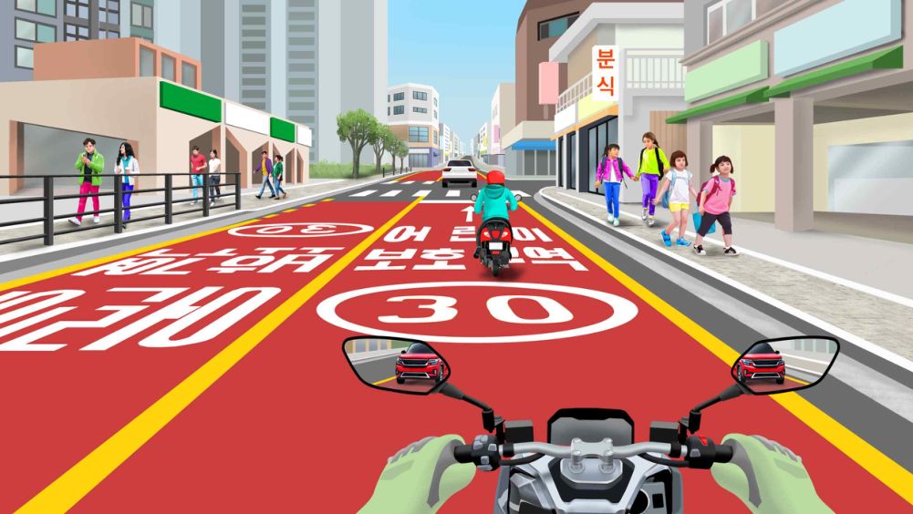 Atrof savdo hududi · Oldinda mototsikl ketmoqda · Orqadan yengil avtomobil kelmoqda