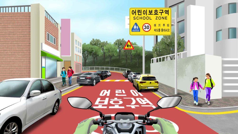 Parked vehicles on the left and right