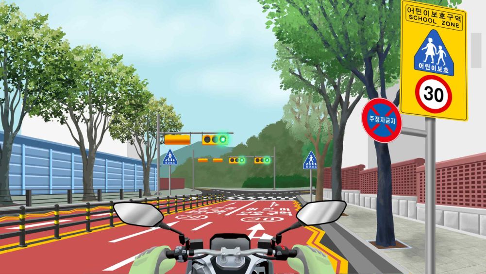 Children's protection zone (around 11:00 a.m.) · No pedestrians · Vehicle signal ahead is green