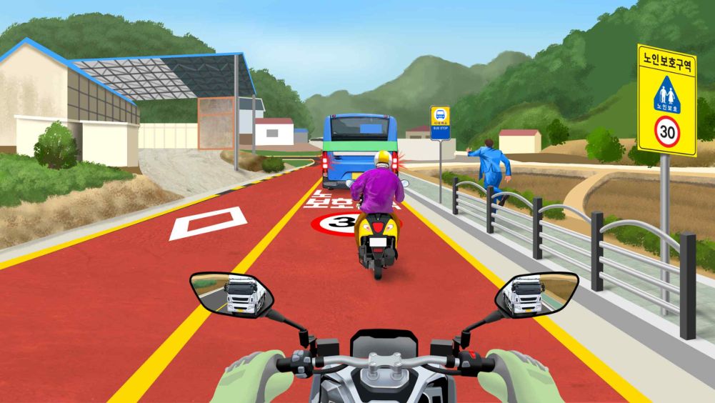 A city bus slowing down to stop · A motorcycle ridden by an elderly person following the city bus · A pedestrian running toward the bus · A truck following without a safe distance
