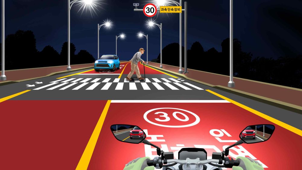 A crosswalk without vehicle or pedestrian signals · An elderly person crossing · A car in the mirror