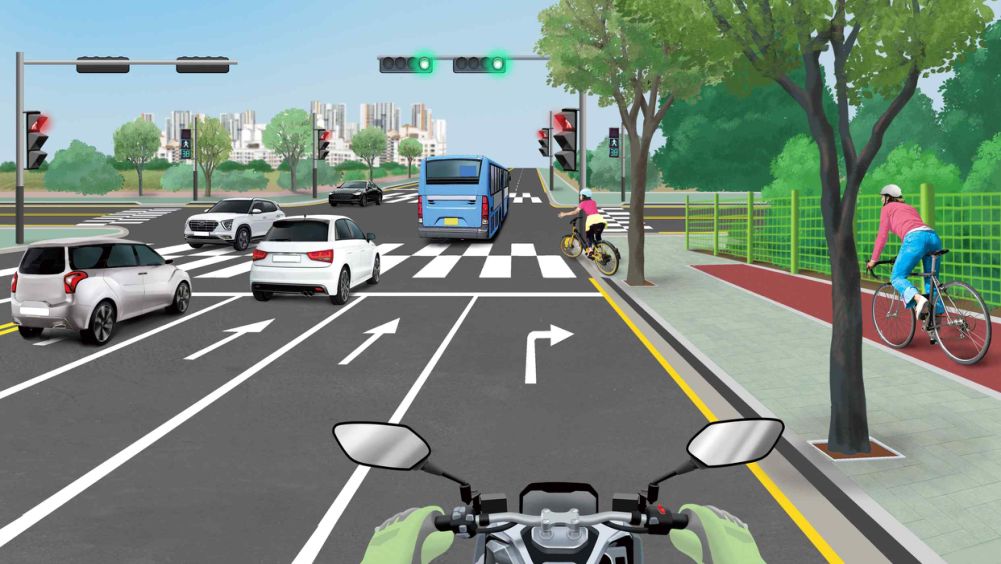 Đèn tín hiệu cho xe tại giao lộ màu xanh · Xe đạp ở bên phải vỉa hè đang đi vào phần đường xe chạy