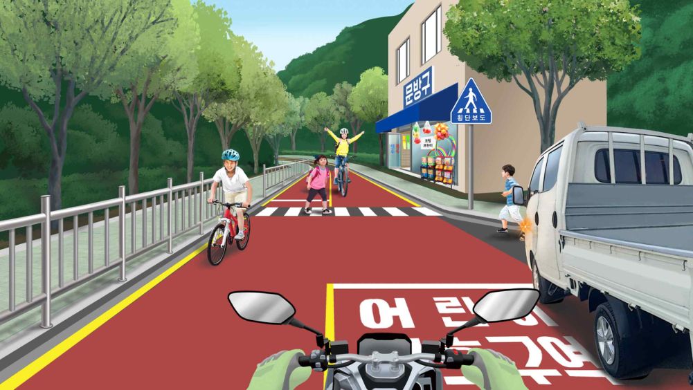 A truck is stopped with its hazard lights on · A bicycle ridden by a child in yellow clothes is going the wrong way